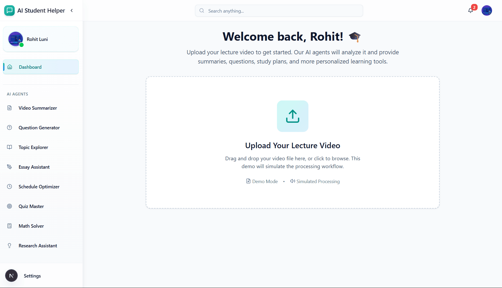 AI Student Helper Dashboard - Upload lectures and get AI summaries, questions, and study plans